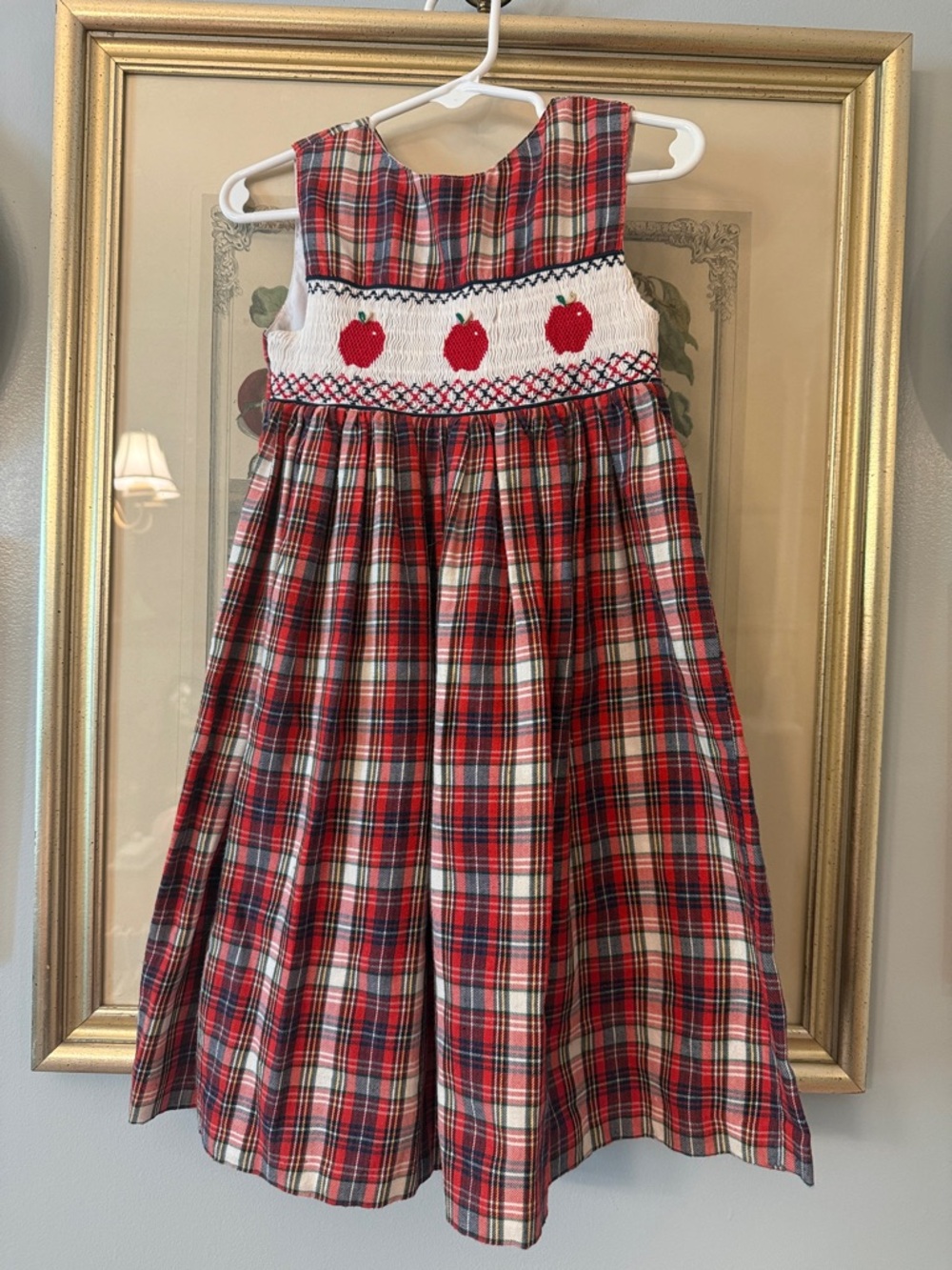 Girls Red Plaid Smocked Apple Sleeveless Dress